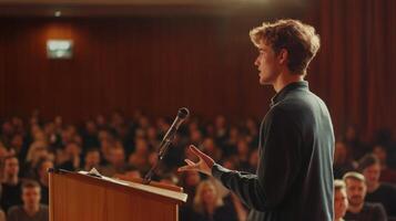 A young man standing at a podium, passionately addressing a conference crowd photo
