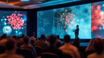A keynote speaker presenting in front of a large screen with visual aids photo
