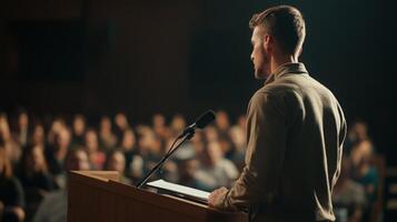 A young man standing at a podium, passionately addressing a conference crowd photo