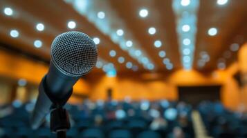 A professional speaker with a microphone delivering an inspirational talk in a well-lit auditorium photo
