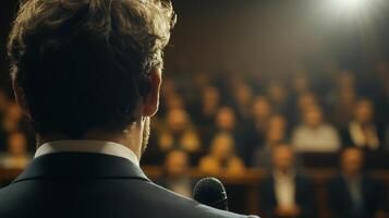A close-up of a speaker's face while giving a powerful speech, with audience blurred in the background photo