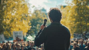 A person giving a speech in an outdoor setting, addressing a crowd at a rally photo
