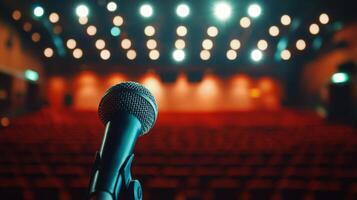 A professional speaker with a microphone delivering an inspirational talk in a well-lit auditorium photo