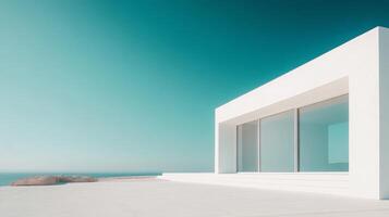 Minimalist white concrete house with large windows and a clean design photo