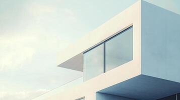 Minimalist white concrete house with large windows and a clean design photo