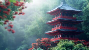 Traditional Japanese pagoda with vibrant red wood and intricate details photo