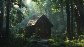 Quaint wooden cabin in the middle of a dense forest photo