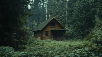 Quaint wooden cabin in the middle of a dense forest photo