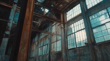 Abandoned industrial factory with rusted metal beams and broken windows photo