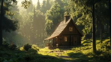Quaint wooden cabin in the middle of a dense forest photo