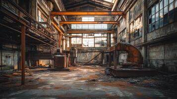Abandoned industrial factory with rusted metal beams and broken windows photo