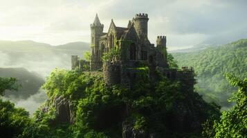 Ancient stone castle on a hill, with lush greenery surrounding it photo