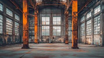 Abandoned industrial factory with rusted metal beams and broken windows photo
