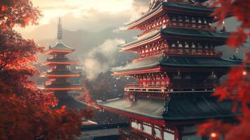 Traditional Japanese pagoda with vibrant red wood and intricate details photo
