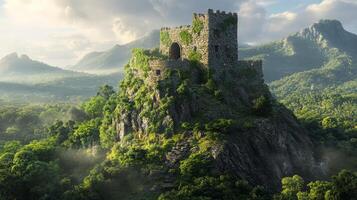 Ancient stone castle on a hill, with lush greenery surrounding it photo