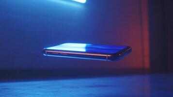 Sleek, futuristic smartphone with a holographic display, floating in midair photo