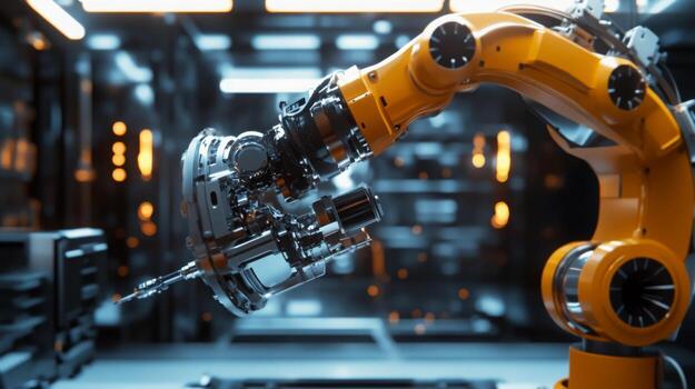 Advanced robotic arm performing precise assembly in a high-tech lab photo