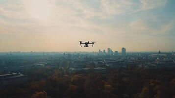 Drone flying over a cityscape, capturing aerial footage photo