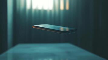 Sleek, futuristic smartphone with a holographic display, floating in midair photo