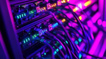 Data center with rows of glowing servers and fiber optic cables photo