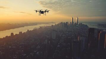 Drone flying over a cityscape, capturing aerial footage photo