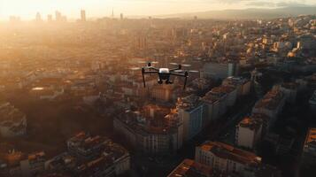 Drone flying over a cityscape, capturing aerial footage photo