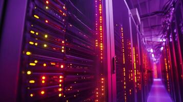 Data center with rows of glowing servers and fiber optic cables photo