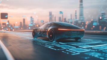 Futuristic self-driving car on an open road, surrounded by digital interfaces photo