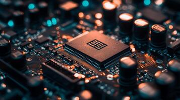 Close-up of a microchip on a motherboard, illuminated by blue LED lights photo