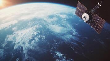 Satellite orbiting Earth, with a view of the planet's surface and atmosphere photo