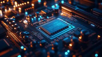 Close-up of a microchip on a motherboard, illuminated by blue LED lights photo