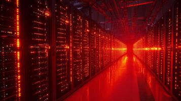 Data center with rows of glowing servers and fiber optic cables photo