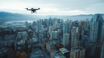 Drone flying over a cityscape, capturing aerial footage photo