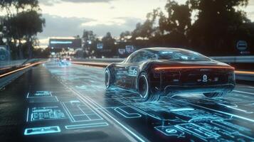 Futuristic self-driving car on an open road, surrounded by digital interfaces photo
