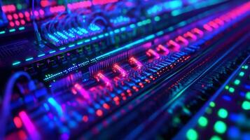 Data center with rows of glowing servers and fiber optic cables photo