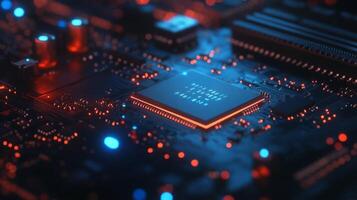 Close-up of a microchip on a motherboard, illuminated by blue LED lights photo