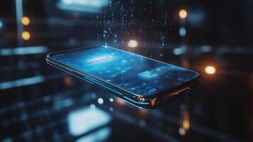 Sleek, futuristic smartphone with a holographic display, floating in midair photo