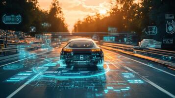 Futuristic self-driving car on an open road, surrounded by digital interfaces photo