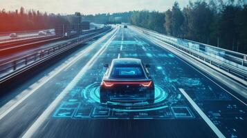 Futuristic self-driving car on an open road, surrounded by digital interfaces photo