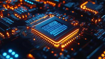 Close-up of a microchip on a motherboard, illuminated by blue LED lights photo