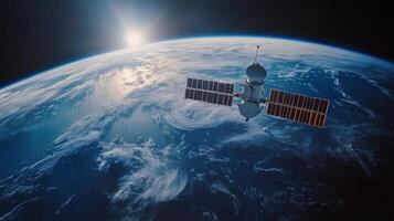 Satellite orbiting Earth, with a view of the planet's surface and atmosphere photo