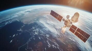 Satellite orbiting Earth, with a view of the planet's surface and atmosphere photo