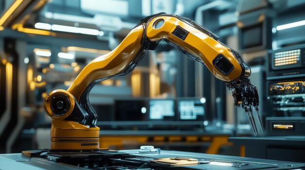 Advanced robotic arm performing precise assembly in a high-tech lab photo