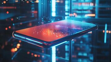 Sleek, futuristic smartphone with a holographic display, floating in midair photo