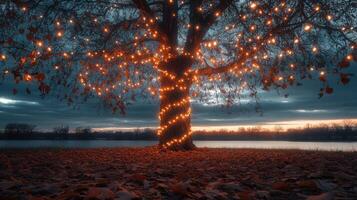Sparse autumn tree with glowing string lights wrapped around its branches photo