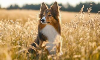Sheltie sitting in a field of tall grass, wind gently blowing photo