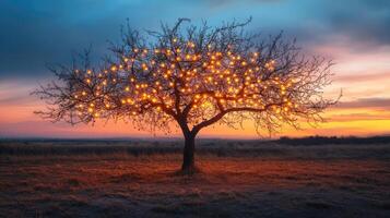 Sparse autumn tree adorned with glowing fairy lights photo