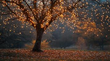 Sparse autumn tree adorned with warm glowing lights photo