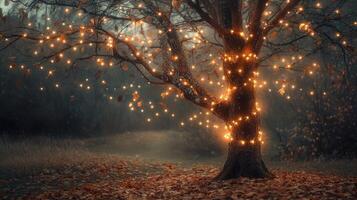 Sparse autumn tree with glowing string lights wrapped around its branches photo