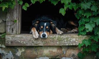 Scottish Sheepdog lying on a rustic porch, countryside view photo